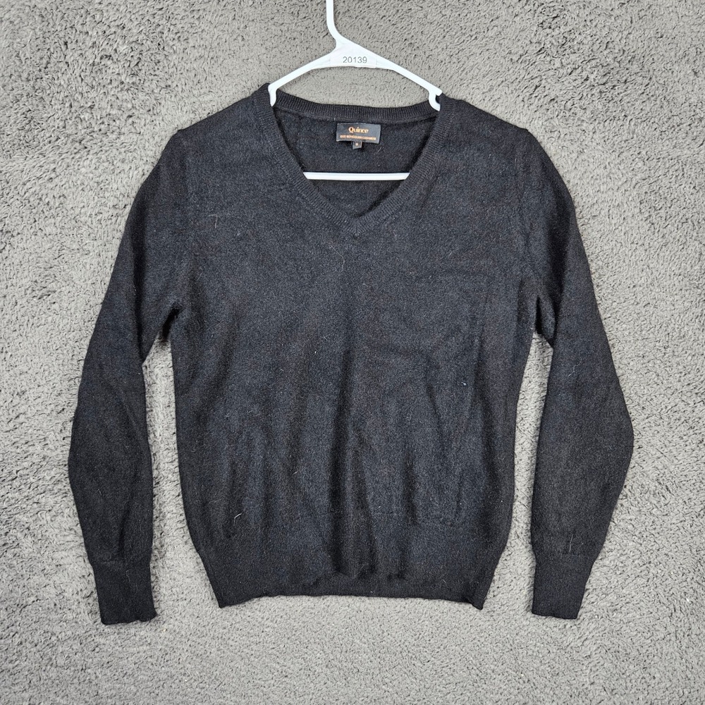 Quince Women Black 100% Mongolian Cashmere V-Neck Sweater Size‎ S SHWDC01 FA/24